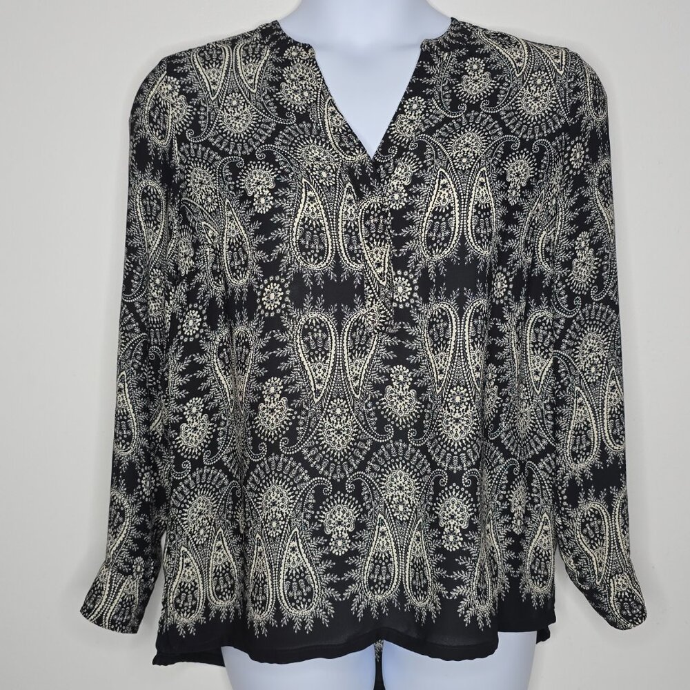 Rose + Olive Womens Top Shirt Large Blouse Paisley Black Cream Boho Long Sleeves - Picture 9 of 9